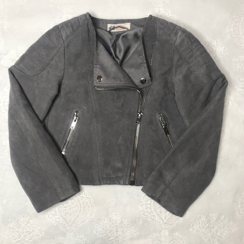 Girl's Faux Suede Biker Jacket Grey Size 5-6Y